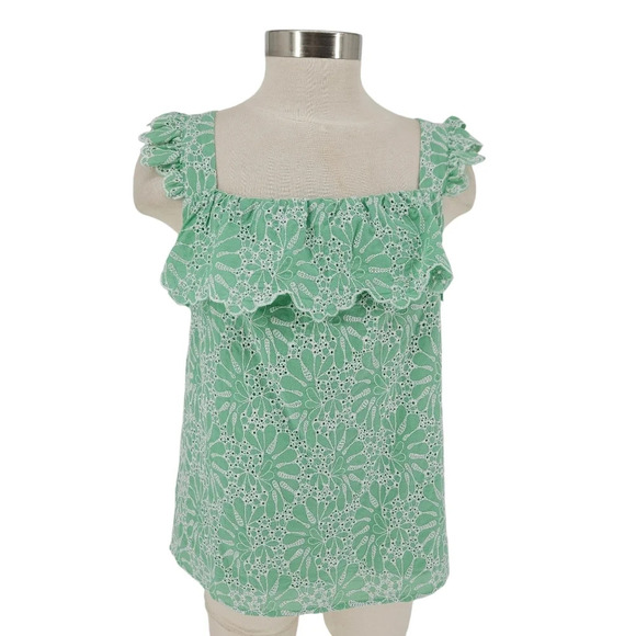 Ann Taylor LOFT Tank Top Green Eyelet Ruffle Square Neck Sleeveless Shirt - Picture 1 of 8